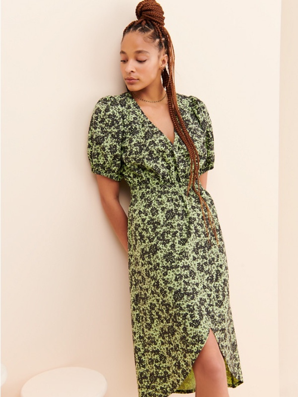 JUST Female Alisha Green Black Floral Puff Sleeve Midi Dress Boho size M